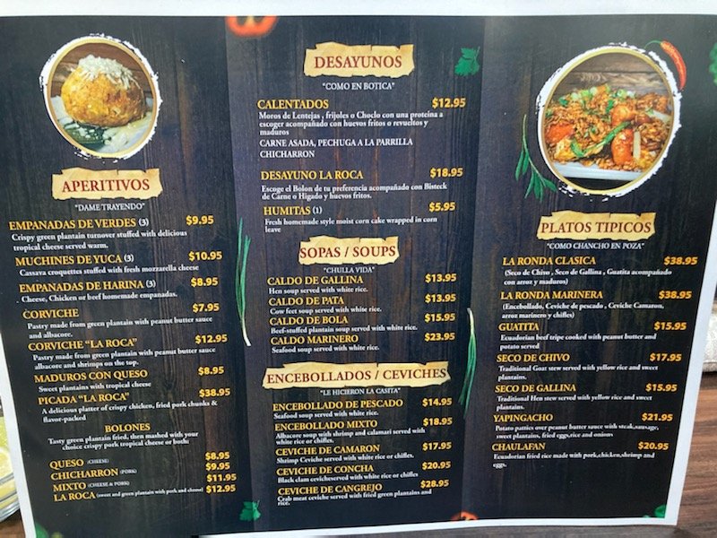 Printed menu with breakfast, seafood, and soups.